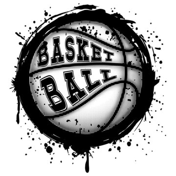Abstract vector illustration black and white basketball ball on grunge background. Inscription basketball. Design for tattoo or print t-shirt.