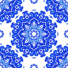 Seamless ornamental watercolor texture. Azulejo tile design style. Arabesque tiles