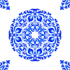 Abstract hand drawn watercolor tile seamless ornamental pattern. Blue mandala ceramic portuguese