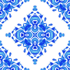 Watercolor paint seamless tiles design surface background blue and white ornament