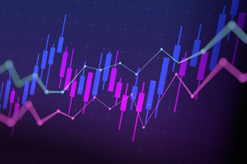 Financial graph with up trend line candlestick chart in stock market on neon blue and purple color background