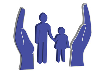 Protección ala infancia. Siluetas de un niño y una niña entre dos manos abiertas, en azul con volumen sobre fondo blanco
