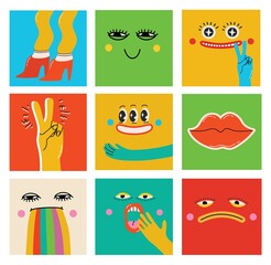 Collection of crazy Abstract comic characters geometric elements and faces. Bright colors Cartoon style. Vector Illustration
