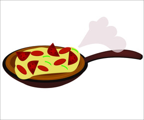 A frying pan with a hot pizza. This logotype can be used for pizza companies, pizzerias.  Vector illustration, isolated.
