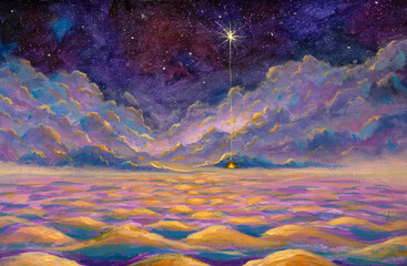 Fantasy cosmic art on another planet painting space waves, clouds and starry space illustration art for greeting card or book