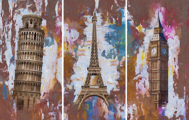 A collection of designer oil paintings. Decoration for the interior. Contemporary abstract art on canvas. A set of pictures with different textures and colors. Pisa, London, Paris. - obrazy, fototapety, plakaty