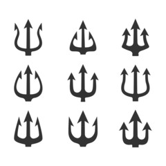 Trident icon set. Trident Neptune weapon collection. Poseidon black symbol. Vector isolated on white.