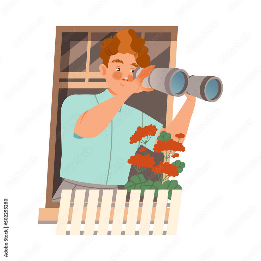 Poster redhead man in open window with binoculars vector illustration