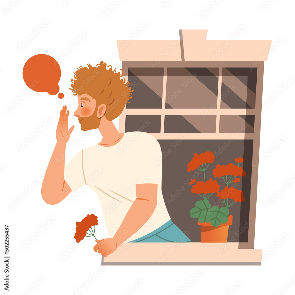 Poster man in open window talking to neighbor vector illustration