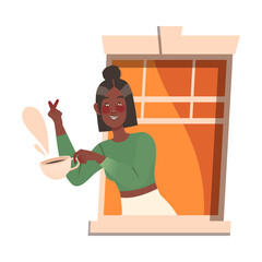 African American Woman in Open Window with Cup of Coffee Talking to Neighbor Vector Illustration