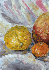 Oil painting impressionism apples lemon pomegranate tangerines still life
