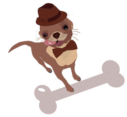 Brown dog in a hat with a bone, vector. Puppy with a pink tongue in a bow tie.