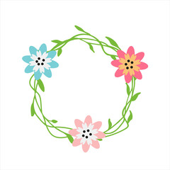 Hello spring flowers wreath. Cute hand drawn green yellow floral element Fresh spring graphic design Vector