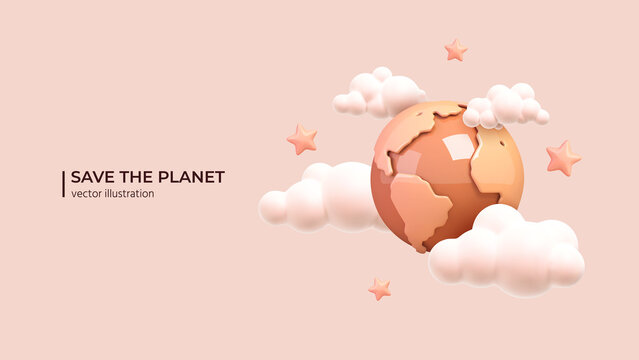 Realistic 3d planet with clouds and stars around it. International Mother Earth Day. Environmental problems and environmental protection concept in cartoon minimal style. Vector illustration