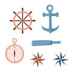 Nautical navigation elements, compass and anchor, cartoon style, spyglass and steering wheel, wind rose. Isolated vector
