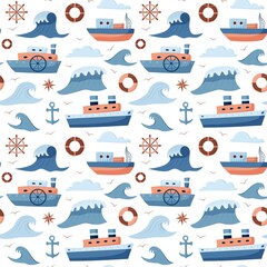 Seamless repeating pattern of marine, steamboat, waves and fishing boat. Vector objects in cartoon style