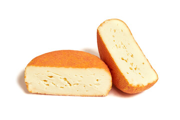 Piece of creamy red molded soft french cheese isolated on white background