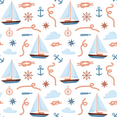 Seamless repeating pattern nautical, yacht, ropes and clouds, navigation. Vector objects in cartoon style
