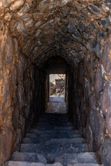 Fototapeta na wymiar Entrance to stairs leading to the moat at Belvoir Fortress, Kohav HaYarden National Park in Israel. Ruins of a Crusader castle. 