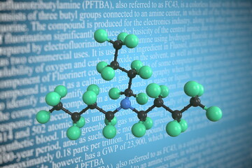 Molecular model of perfluorotributylamine, 3D rendering