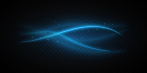 Blue light waves with dust isolated on dark transparent background. Glowing wavy swirl. Abstract glowing trace. Shiny design element. Light effect. Vector illustration