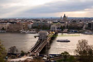 The Sz&eacute;chenyi Chain Bridge over Danube river in Budapest Hungary in maintenance