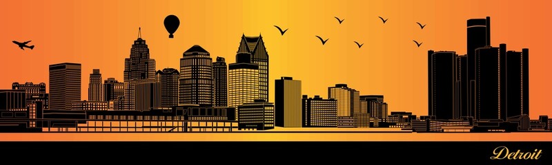 Detroit city skyline silhouette - illustration, 
Town in orange background, 
Detroit Michigan