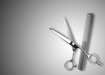 Scissors and comb. Professional barber scissors or shears, comb for man or woman haircut....