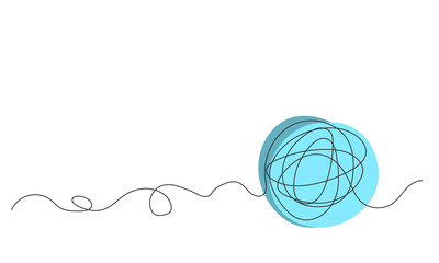 A ball of yarn in one continuous line with colored elements. Minimalist illustration of threads for knitting. Activities for the soul and relaxation