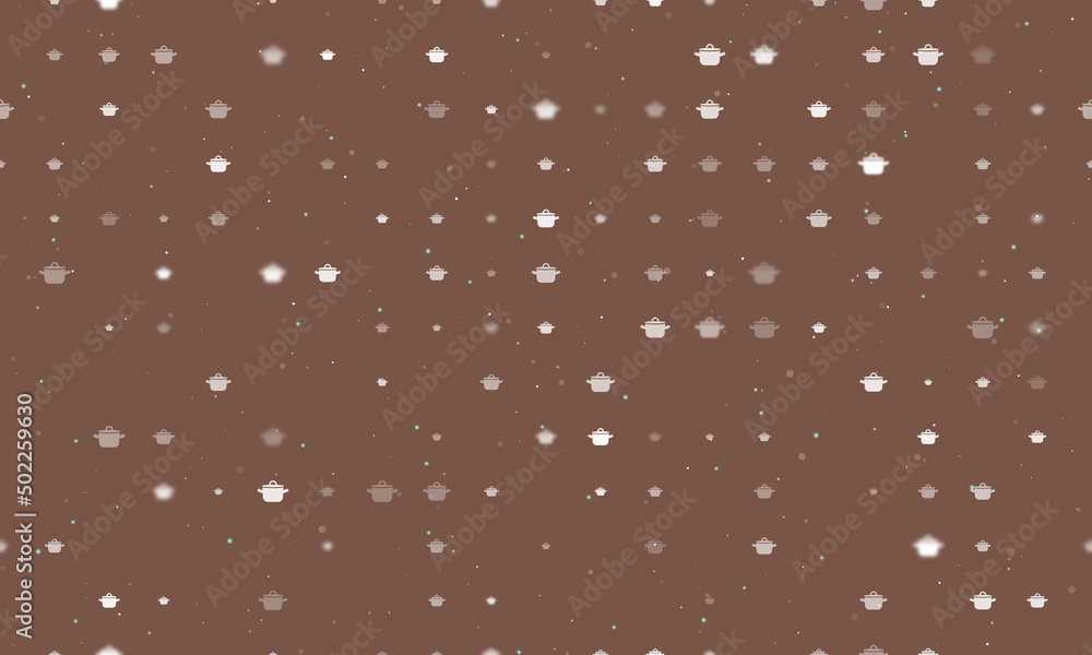 Poster Seamless background pattern of evenly spaced white pot symbols of different sizes and opacity. Vector illustration on brown background with stars