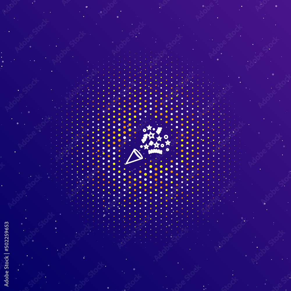 Poster a large white contour exploding party popper in the center, surrounded by small dots. dots of differ