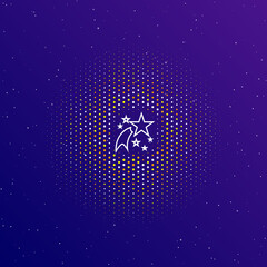 Naklejka premium A large white contour fireworks symbol in the center, surrounded by small dots. Dots of different colors in the shape of a ball. Vector illustration on dark blue gradient background with stars