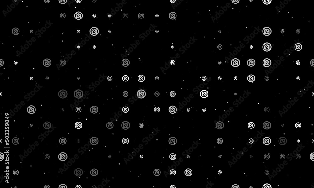 Poster seamless background pattern of evenly spaced white no photo symbols of different sizes and opacity. 