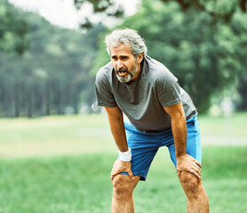 senior fitness man active sport exercise running jogging tired exhausted healthy runner fit jogger dehydration outdoor