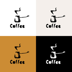Turkish coffee. Original simple manual coffee maker icon. Artistic vintage design for logo, banner, sign for coffee shop. Drawn by hand. Vector illustration. - 502260697