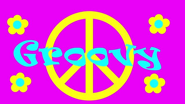 Groovy sixties hippy style background with peace symbol animation 