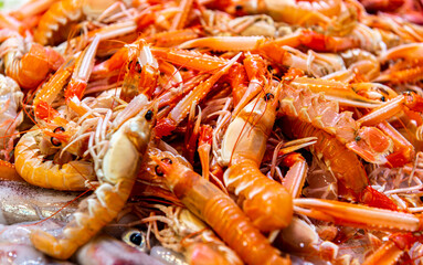 Fish market in Spain. Seafood stall. Shrimps