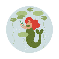 Cute little mermaid in hand drawn cartoon style, holding a bottle with a message inside, flat style vector circle icon illustration