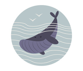 Cute smiling hand drawn whale, circle icon vector illustration in flat cartoon style