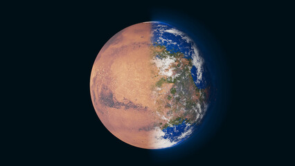 Terraforming Mars 3d-render with left the current state of Mars planet and right the Mars of how it could look in distant future if everything goes well. 