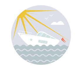 Obraz premium Little cute yacht on a sunny day in open sea circle icon in cartoon flat style, isolated vector illustration