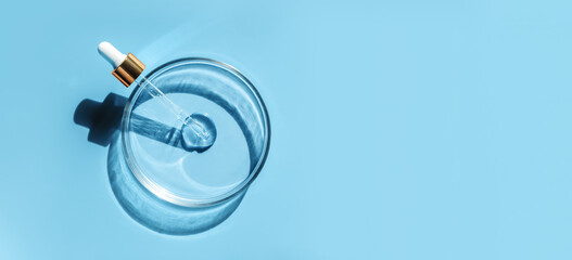 Laboratory glass petri with pipette and drop of water, serum, oil, beauty product. Natural medicine, cosmetic research, bio science. Concept of skincare and analysis. Dermatology. Flat lay, top view