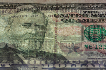 fragment of 50 dollar banknote with visible details of banknote reverse