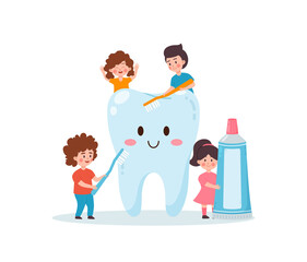 Kids with huge cartoon smiling tooth character flat style