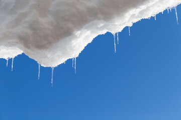 Bright melting icicles with the blue sky in the background. Spring weather with thawing ice