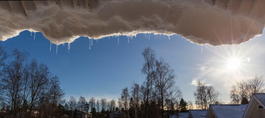 Melting icicles with the blue sky and natural landscape in the background. Spring weather with thawing ice