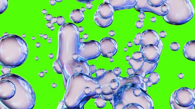 3d Abstract Bright Aqua Metaballs on Chroma Key. White glow merge and fly apart in liquid. Seamless loop in 4k. Smooth animation of bubbles, metaball with inner glow.