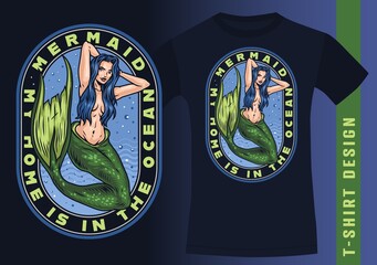 T-shirt design with mermaid on a black background. Colorful label vintage style vector