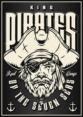 Monochrome poster with pirate face, wearing hat and eye patch marine illustration vintage style