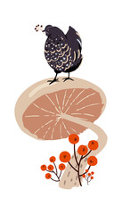 Autumn design in flat style, natural fall elements. Hand-drawn a black hen sits on the cap of a huge mushroom. Magic Isolated vector illustration on white background for postcards, textiles